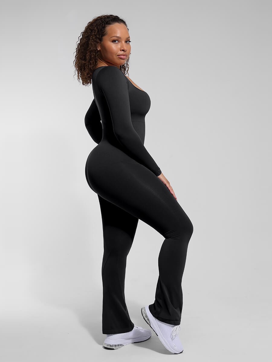 Seamless Long Sleeve Inverted T-shoulder one-piece Flared Jumpsuit