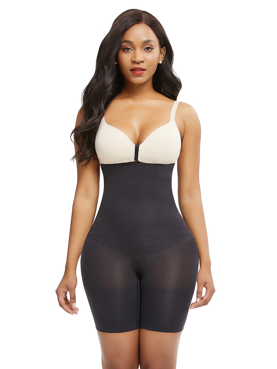 Black Under Bust Seamless Shapewear Shorts With Buckle Sheer Mesh