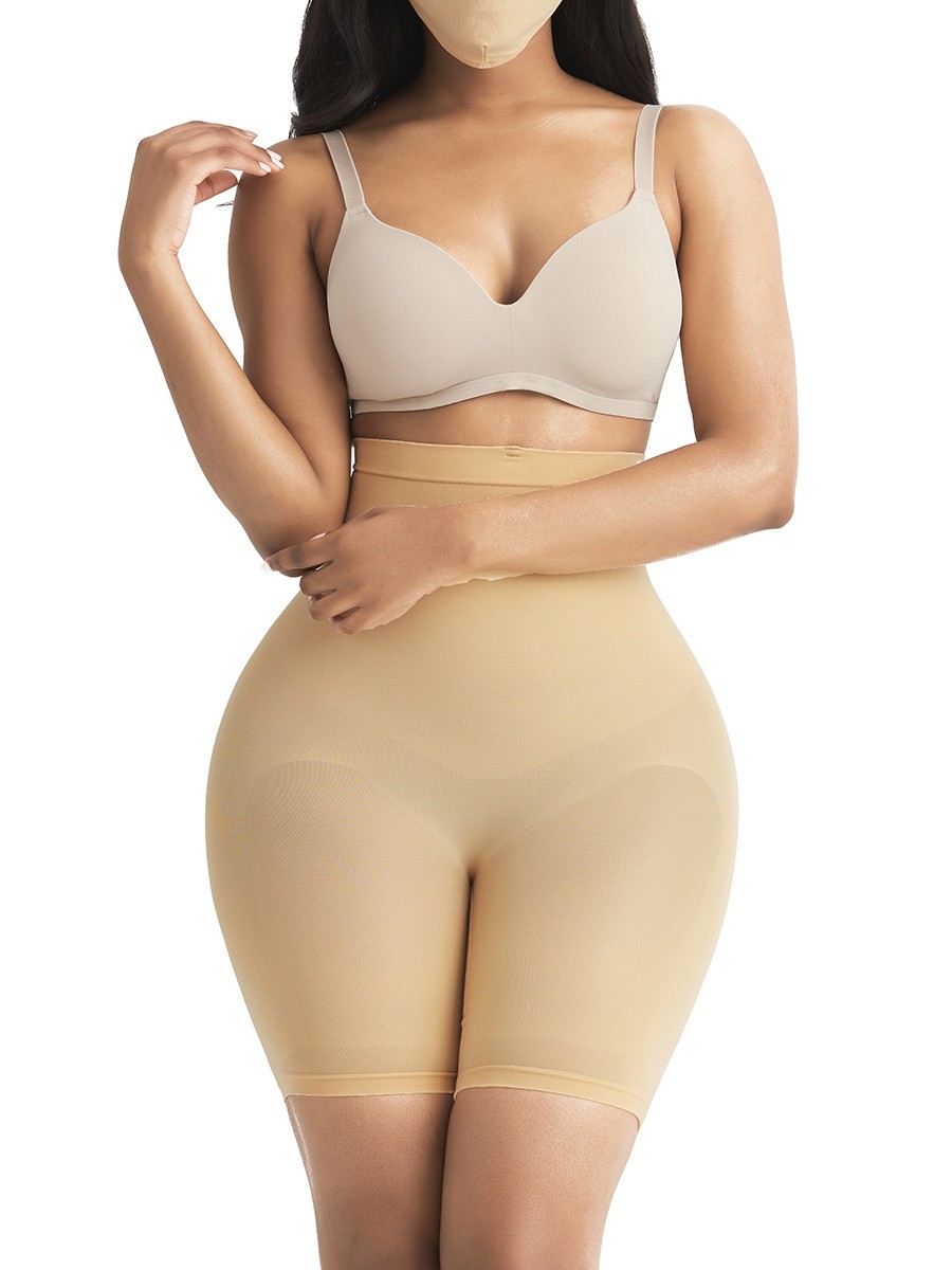 Apricot Seamless Shapewear Shorts With Buckle Tummy Control High Rise