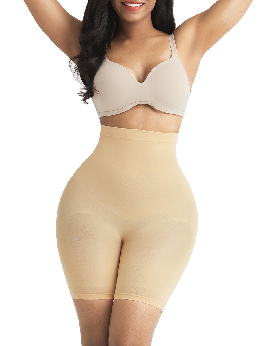 Apricot Seamless Shapewear Shorts With Buckle Tummy Control High Rise