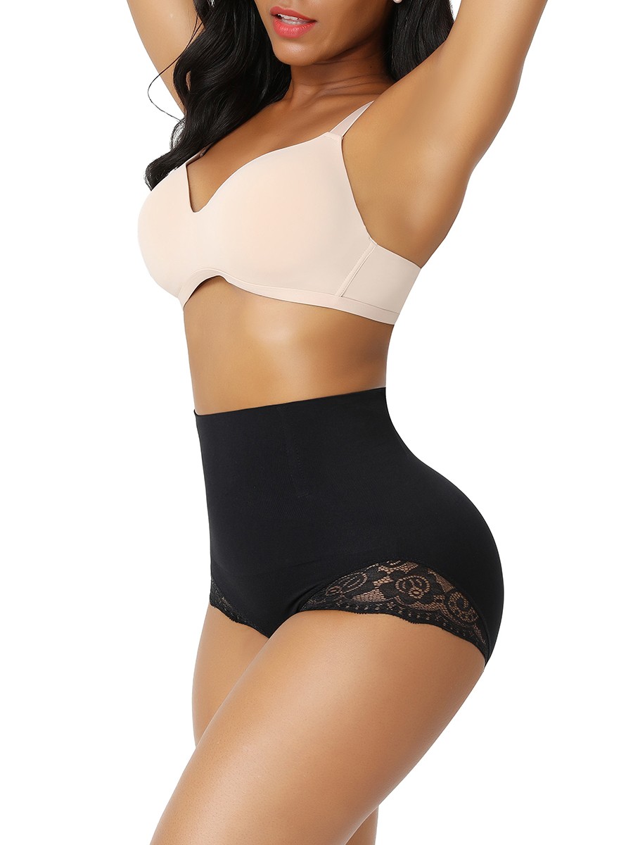 Black Seamless Plus Size Butt Lifter Lace Trim Body Trimmer