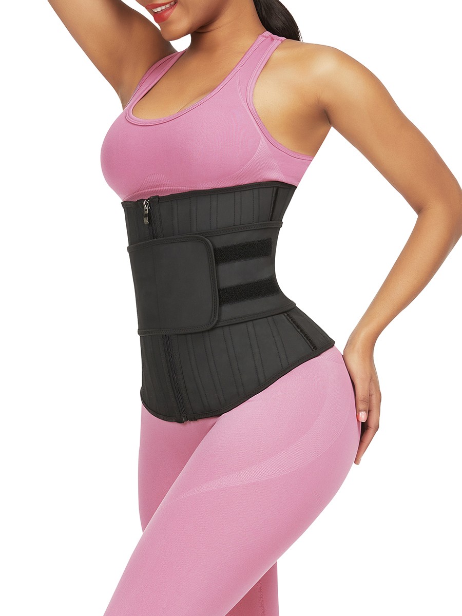 Black 25 Boned Latex Waist Trainer Zip Single Belt Figure Shaping
