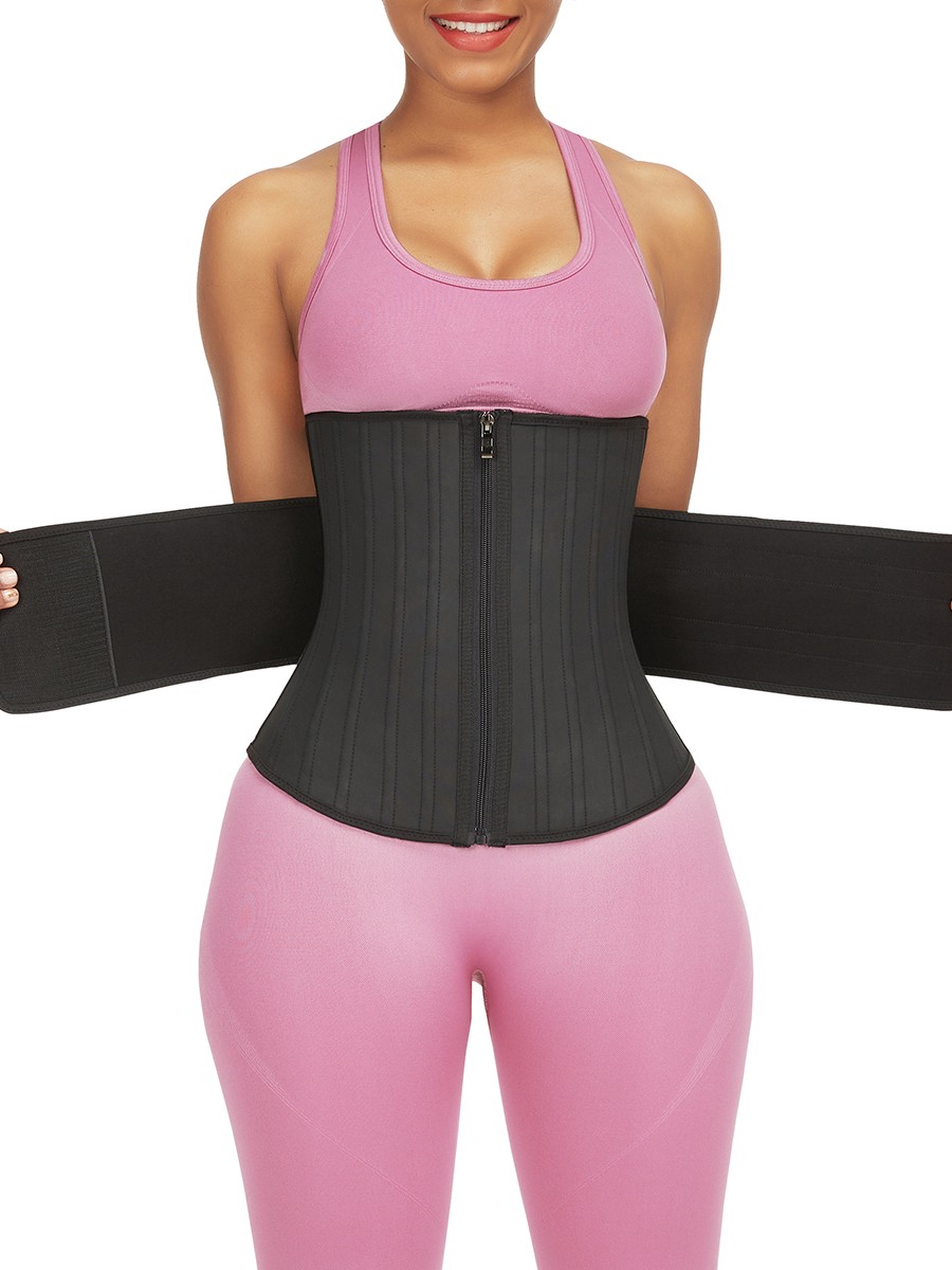 Black 25 Boned Latex Waist Trainer Zip Single Belt Figure Shaping
