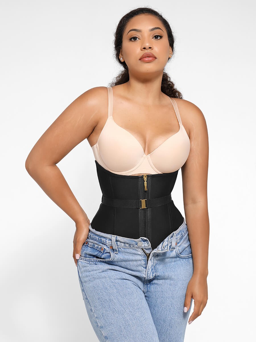 10 Steel Bones Latex Waist Trainer with Fan Lacing and Front Buckle Adjustment