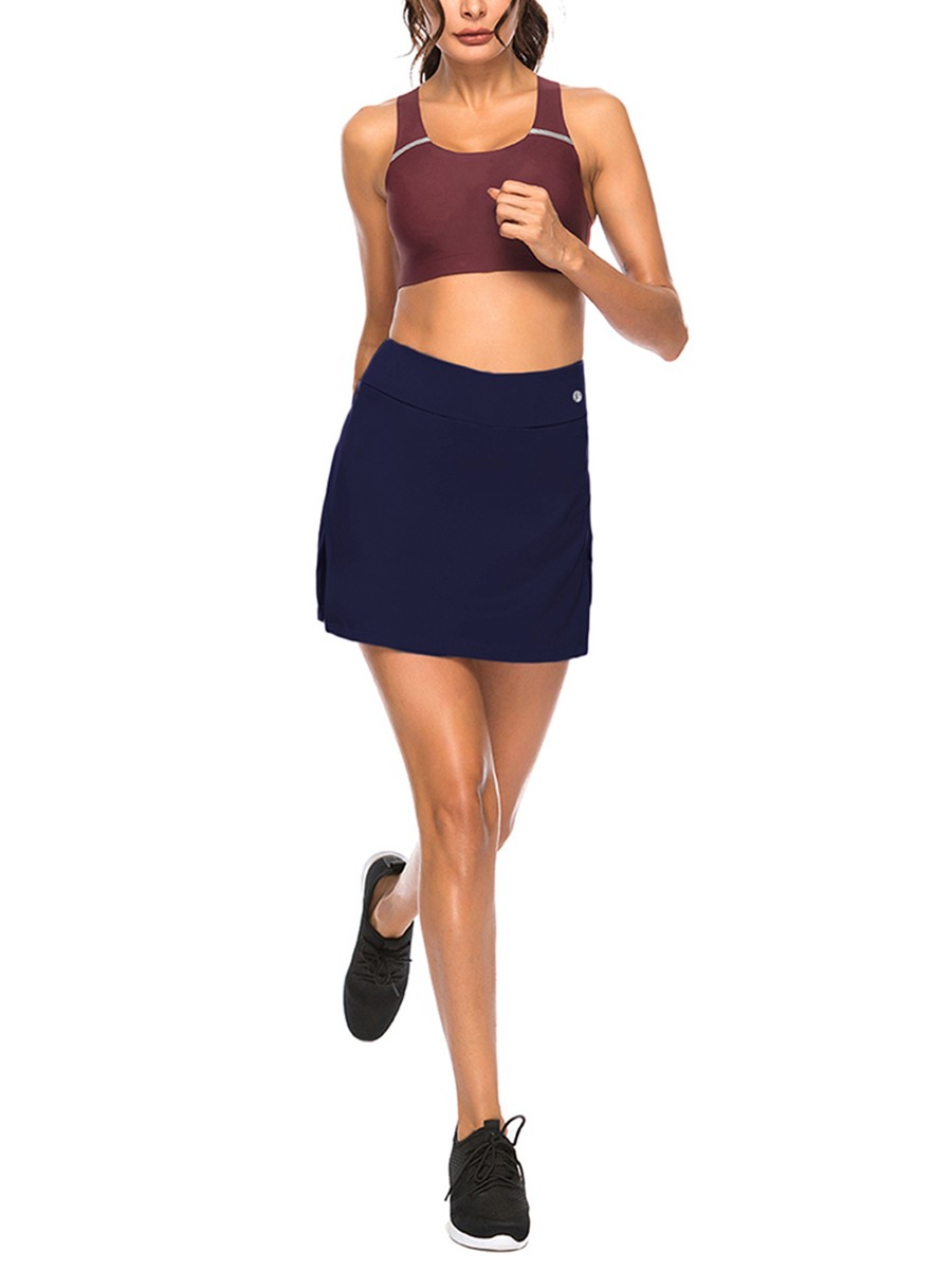 Exquisitely Dark Blue Tennis Skirt Solid Color High Rise High Elastic