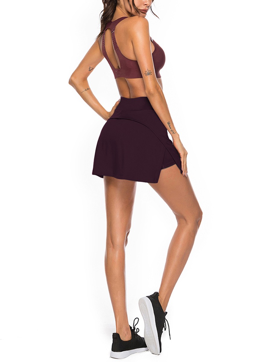 Young Girl Purplish Red Solid Color High Waist Tennis Skirt For Woman