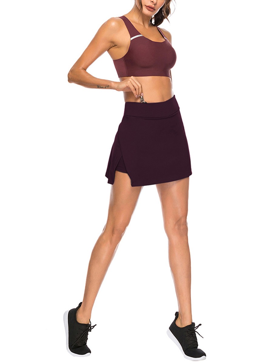 Young Girl Purplish Red Solid Color High Waist Tennis Skirt For Woman