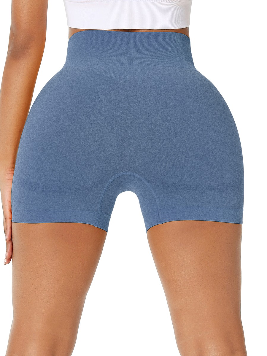 Sleek Blue Solid Color Sports Shorts Thigh Length Women Outfit