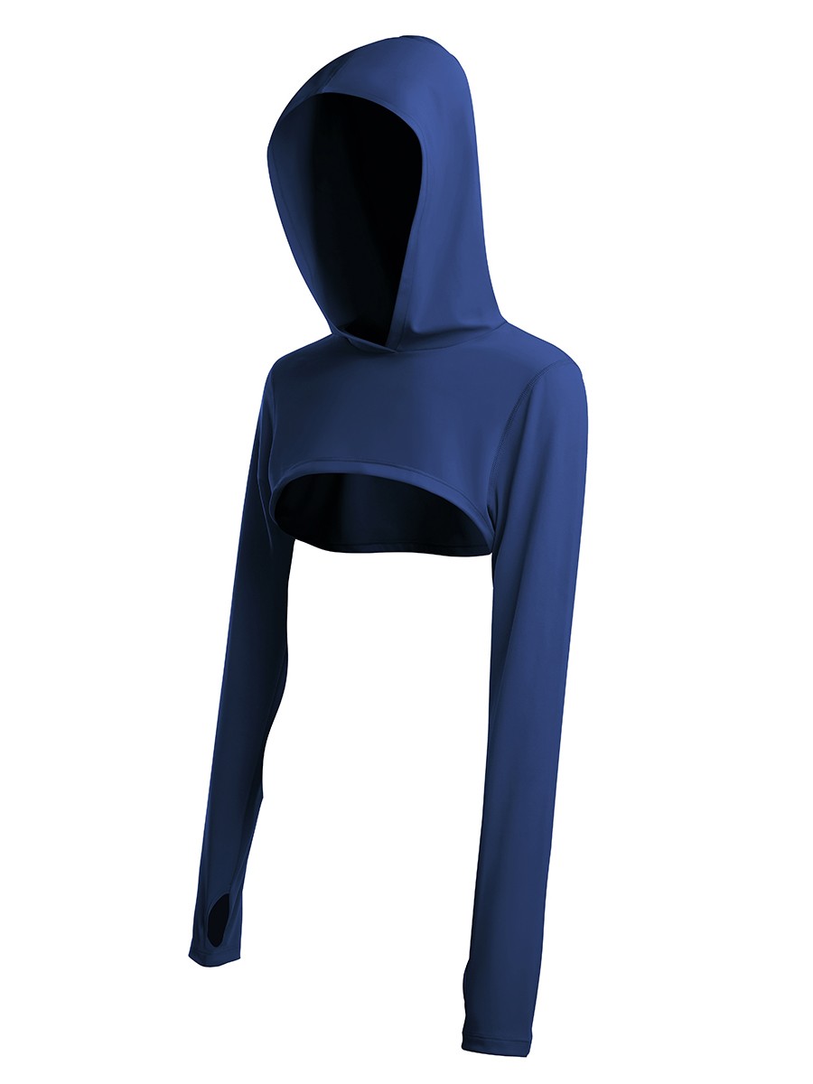 Navy Blue Thumbhole Full Sleeve Solid Color Gym Top Young Style