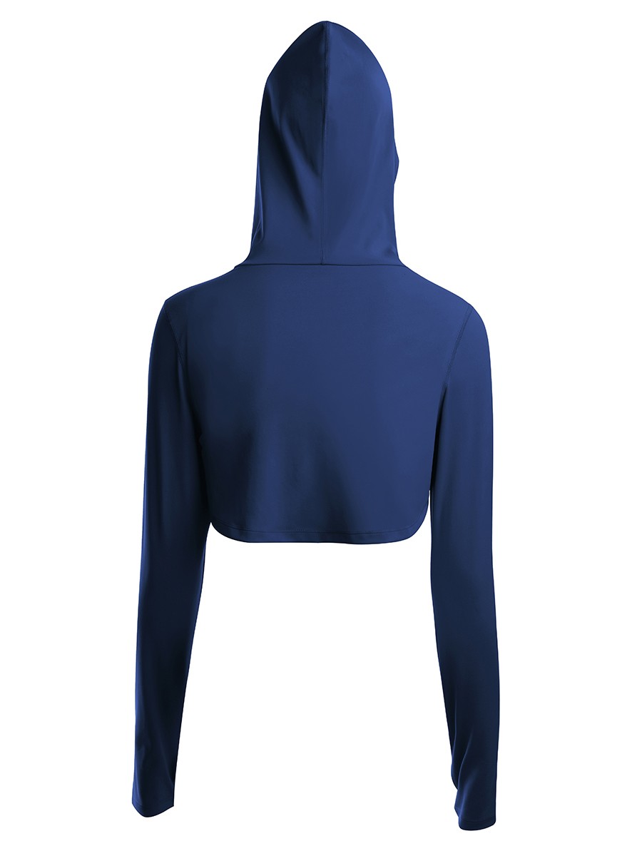 Navy Blue Thumbhole Full Sleeve Solid Color Gym Top Young Style