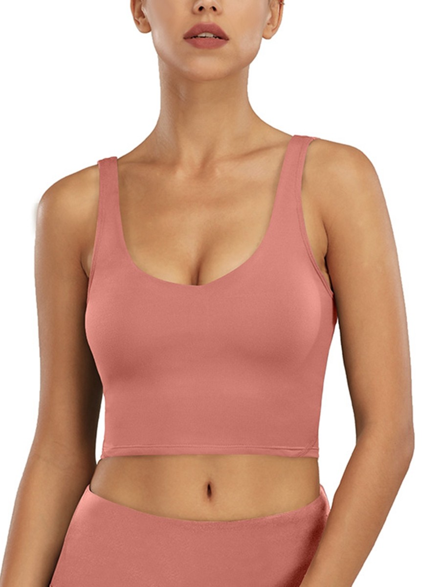 Deep Pink Slender Strap Training Bra U-Neck Ladies Sportswear