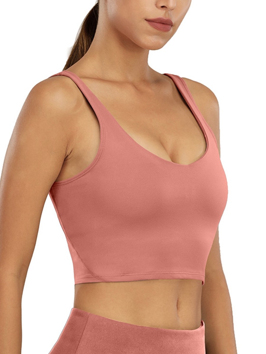 Deep Pink Slender Strap Training Bra U-Neck Ladies Sportswear