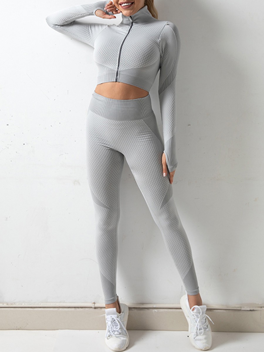 Silver Gray Sweat Suit Stand-Up Collar Wide Waistband Exercise Outfit