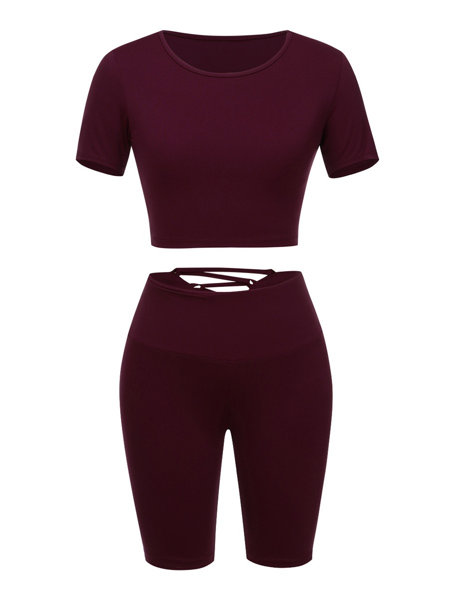Purplish Red Suit Round Collar Pockets Workout Clothes