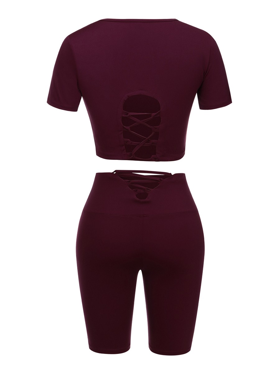Purplish Red Suit Round Collar Pockets Workout Clothes