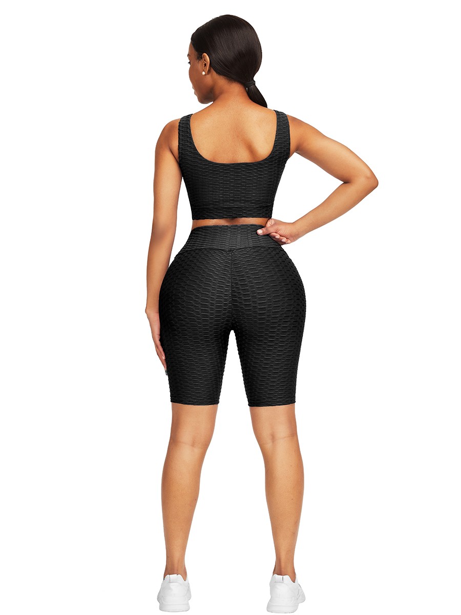 Body Hugging Black Jacquard High Waist Crop Sports Suit Stretched