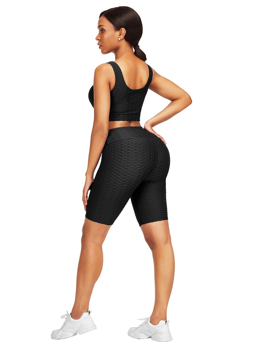Body Hugging Black Jacquard High Waist Crop Sports Suit Stretched