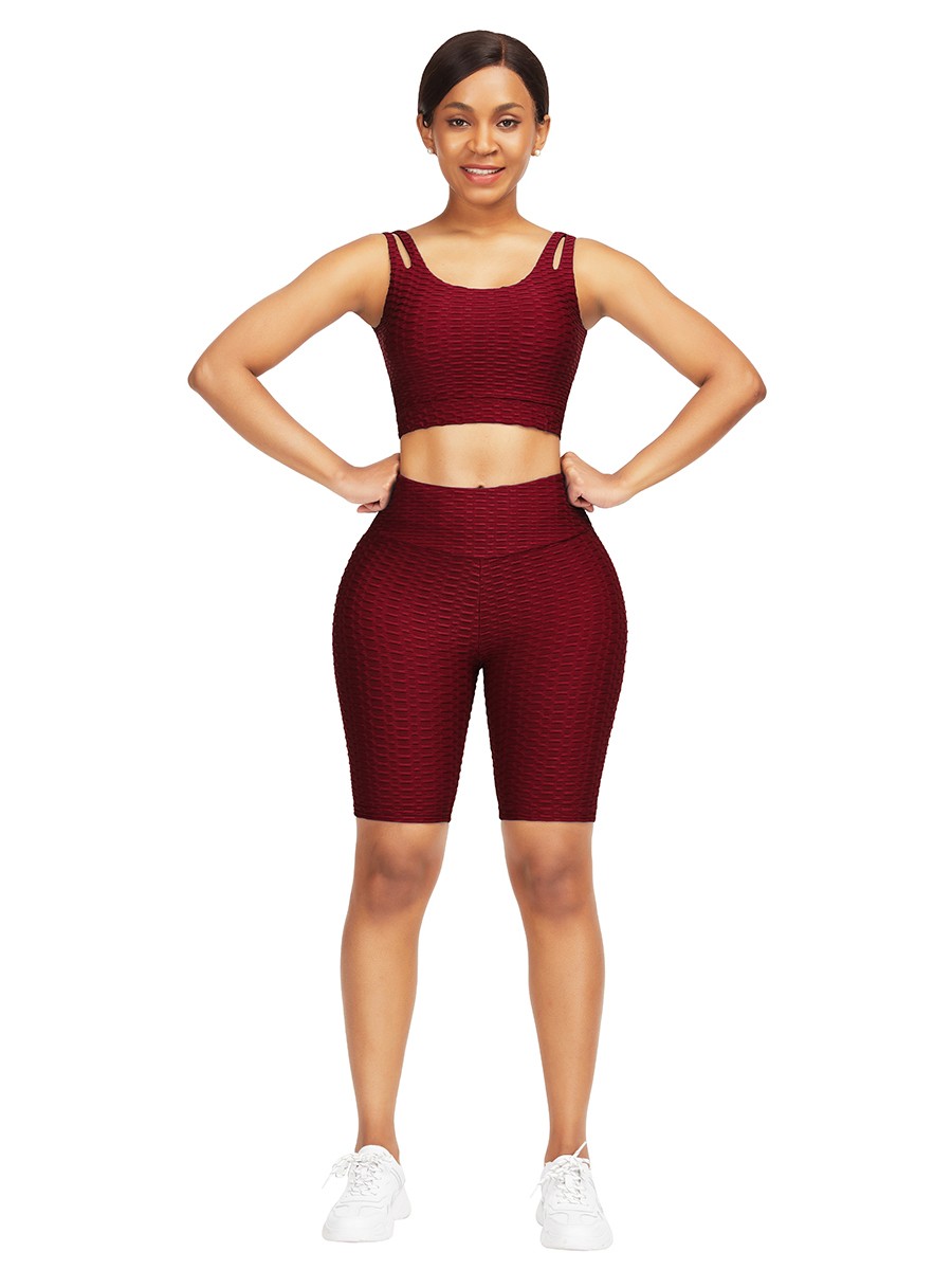 Tight Wine Red Scoop Neck Crop Jacquard Sports Suit Tight