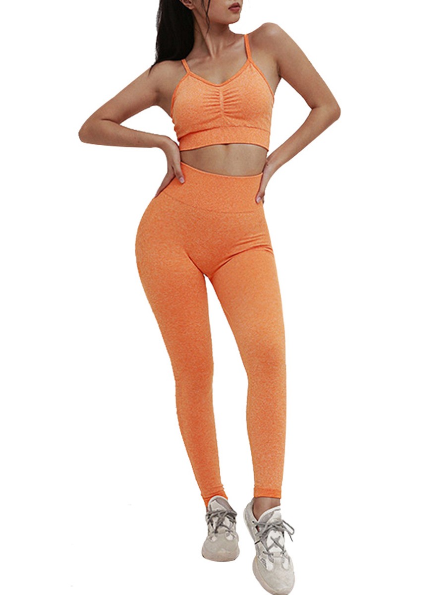 Comfy Orange Backless Ruched Sports Suit Seamless Ladies