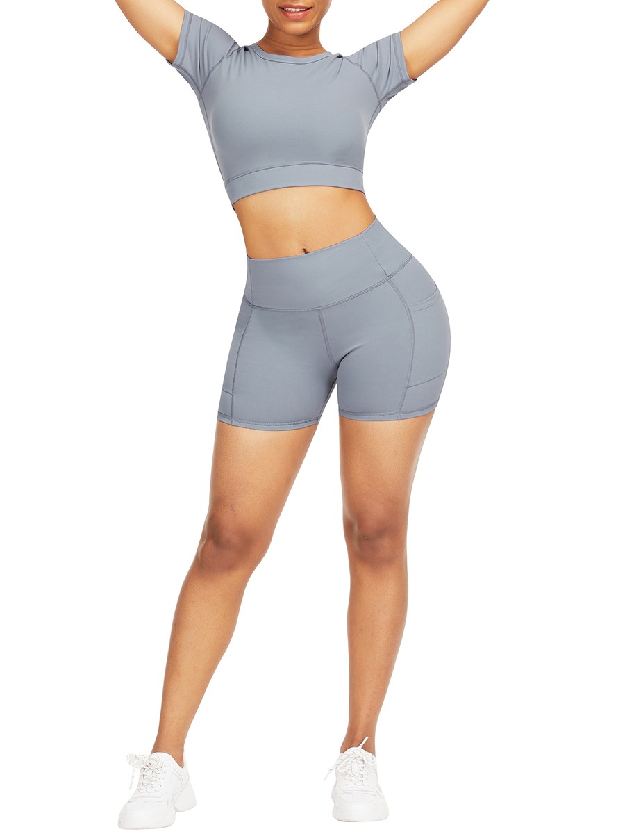Light Blue Crop Top High Rise Shorts Pleated For Aerobic Activities