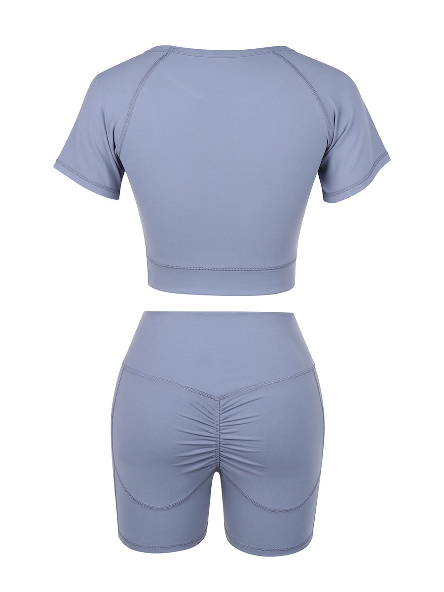 Light Blue Crop Top High Rise Shorts Pleated For Aerobic Activities