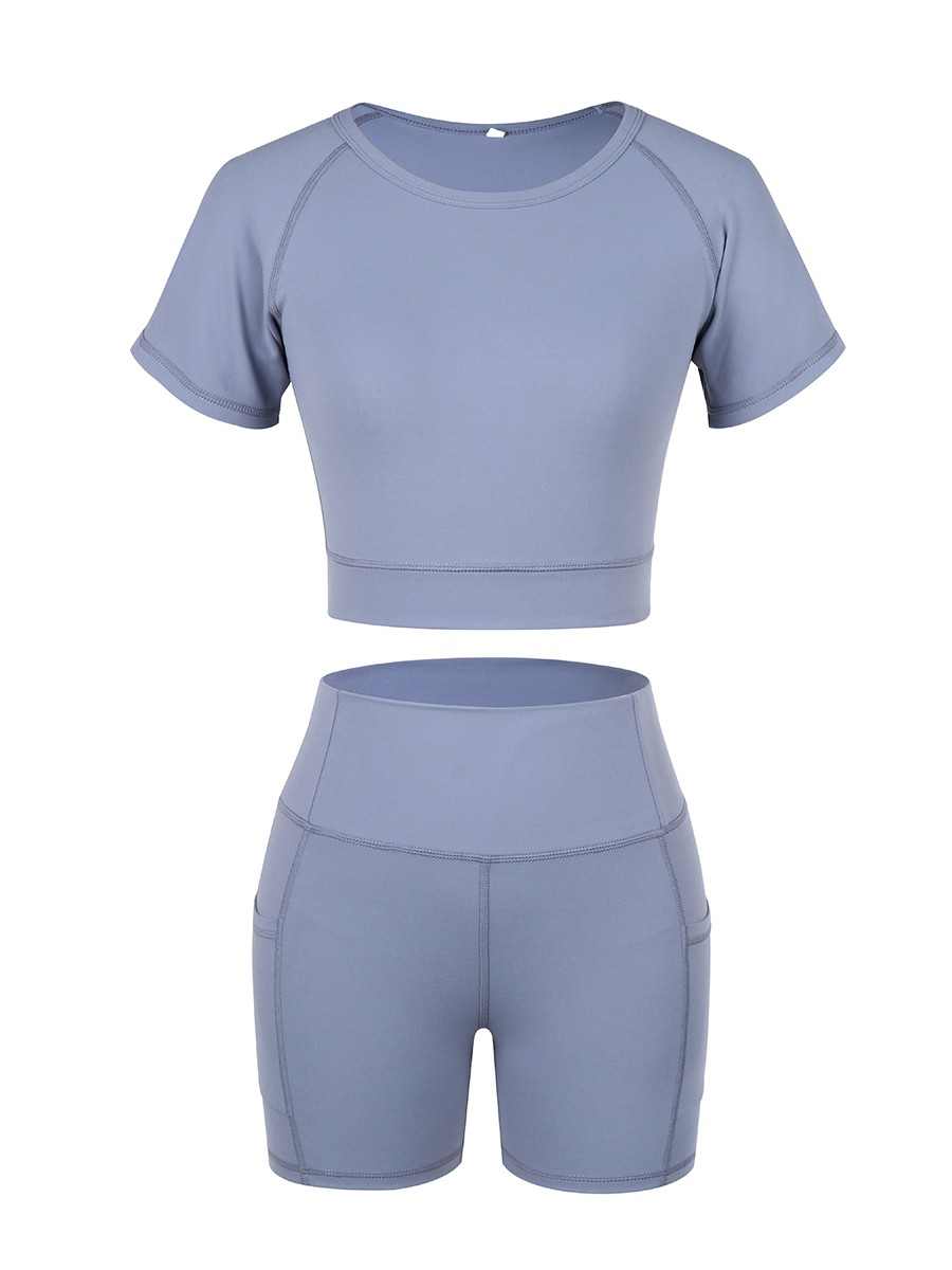 Light Blue Crop Top High Rise Shorts Pleated For Aerobic Activities