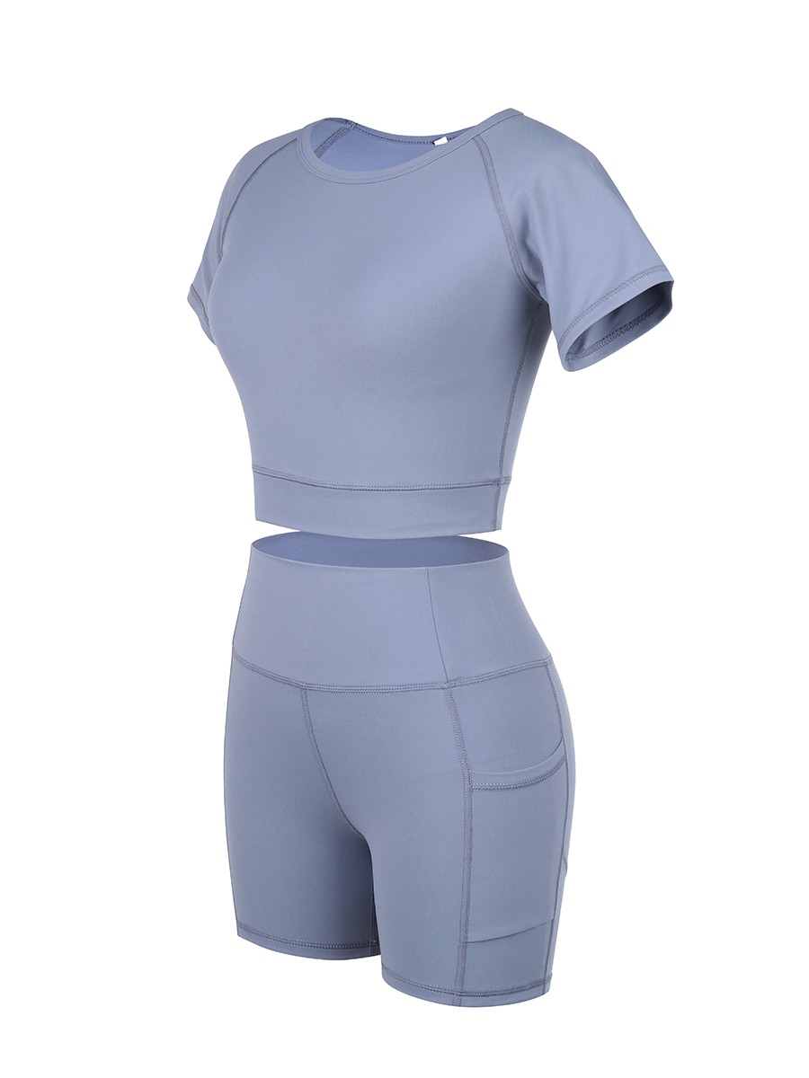 Light Blue Crop Top High Rise Shorts Pleated For Aerobic Activities