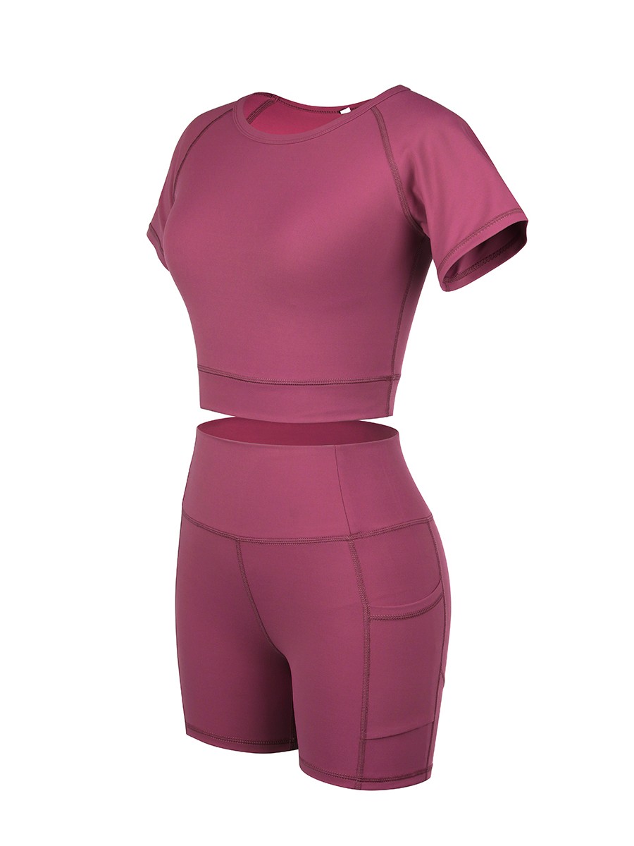 Fashionable Rose Red Sports Suit Short Sleeve Side Pocket Ladies