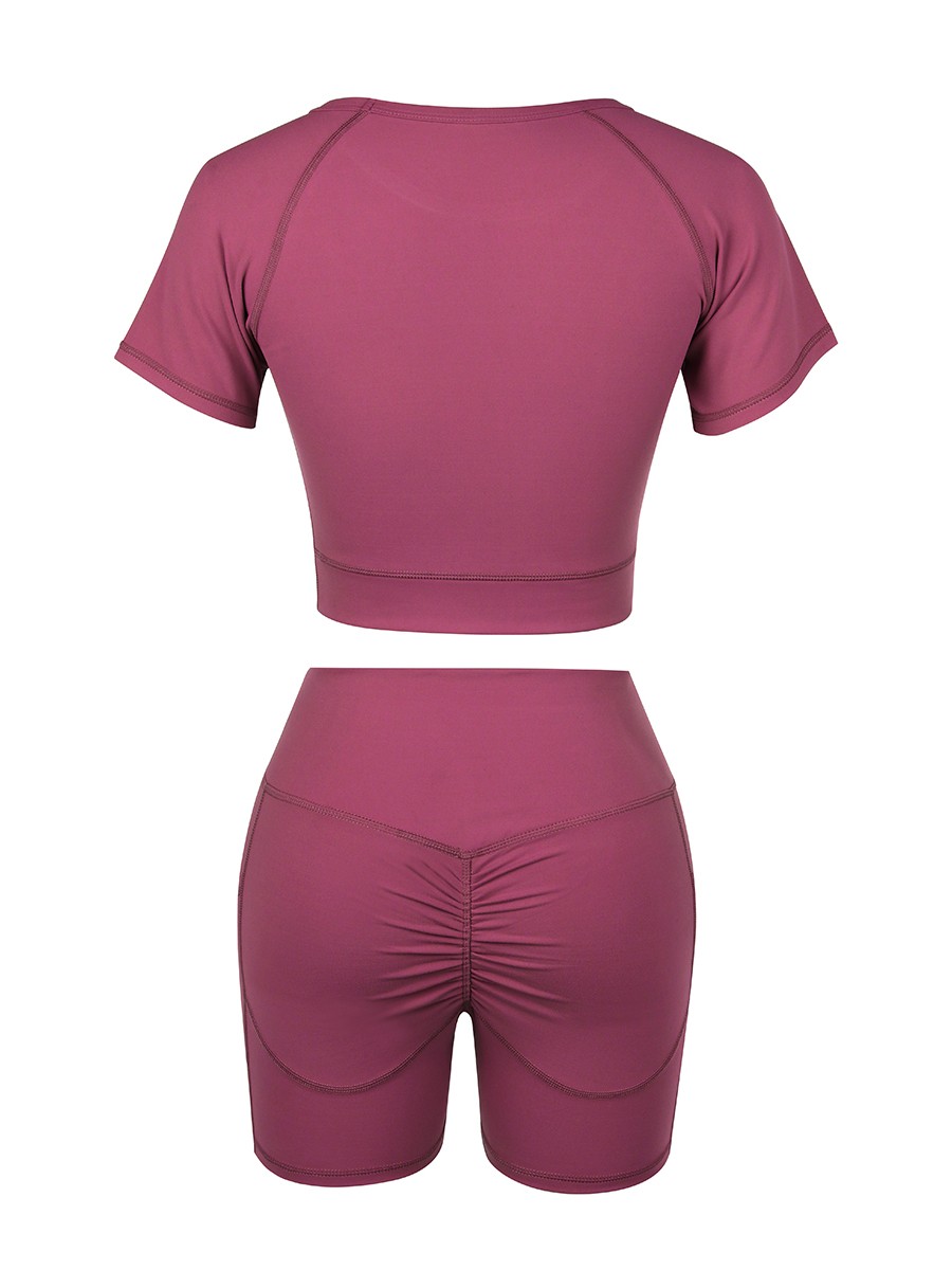 Fashionable Rose Red Sports Suit Short Sleeve Side Pocket Ladies