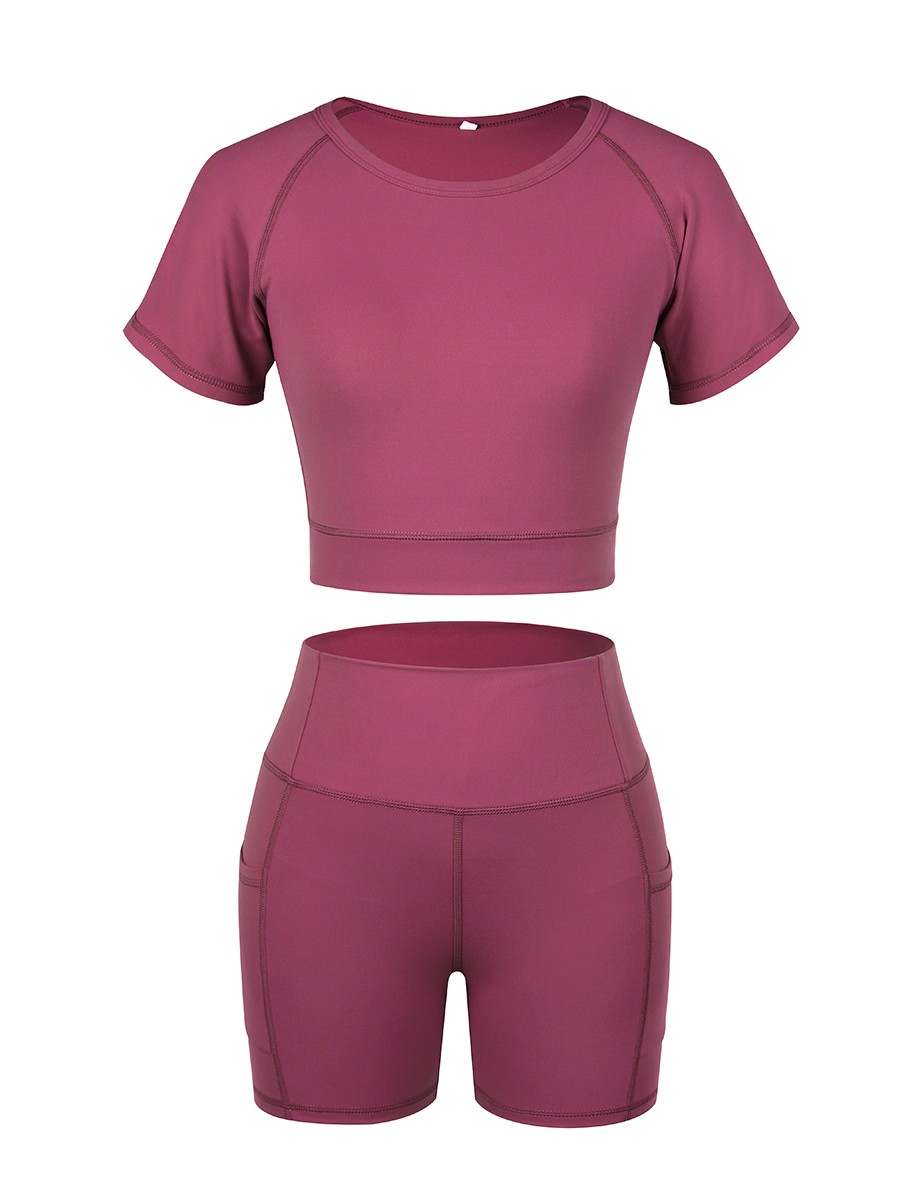 Fashionable Rose Red Sports Suit Short Sleeve Side Pocket Ladies
