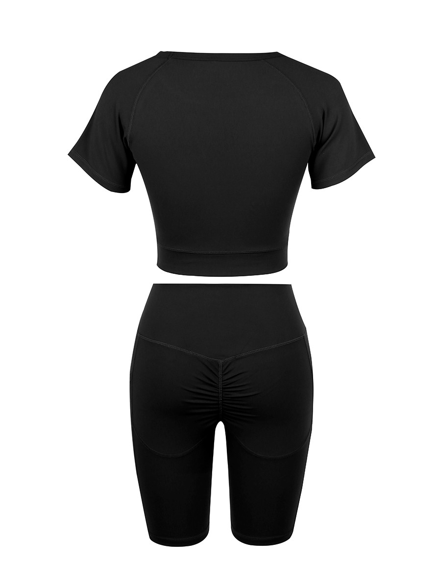 High Elastic Black Raglan Sleeve Top High Waist Shorts For Fitness