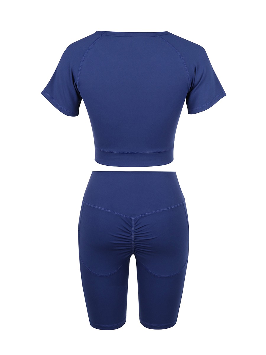 Ultra-Skinny Dark Blue Ruched Athletic Set Solid Color Natural Outfit