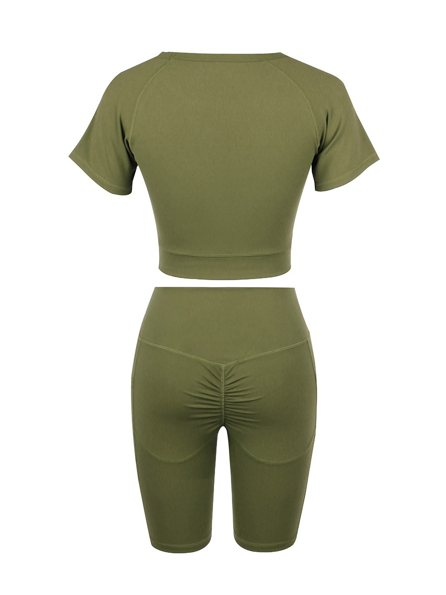 Fitted Army Green Crew Neck Top Wide Waistband Shorts Elastic Material
