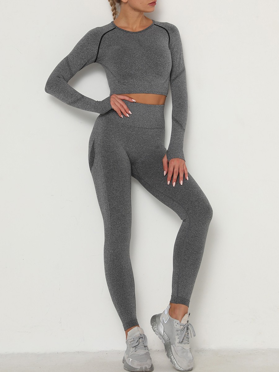 Elastic Dark Gray Sweat Suit Raglan Sleeve High Rise Trendy Style