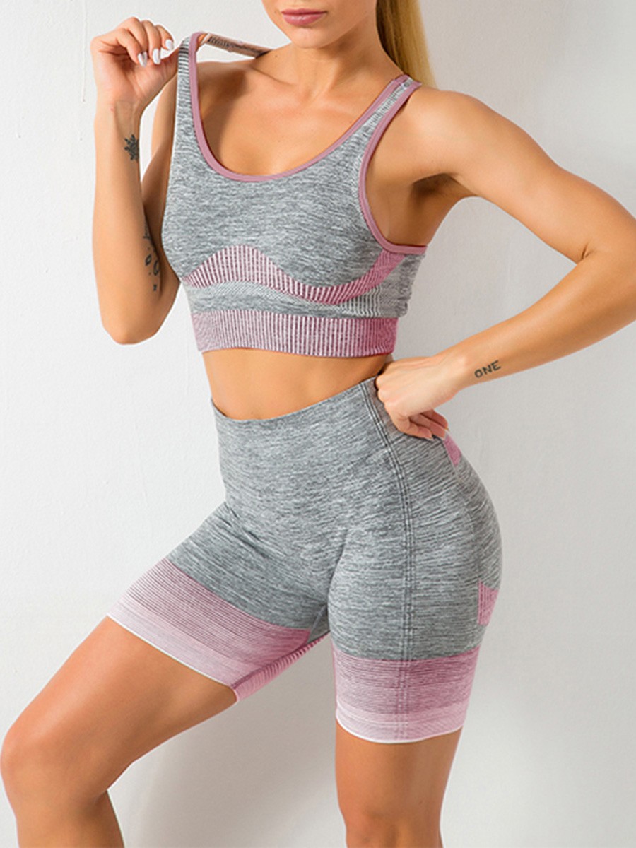 Slinky Pink Sports Suit U-Neck Patchwork Seamless Forward Women