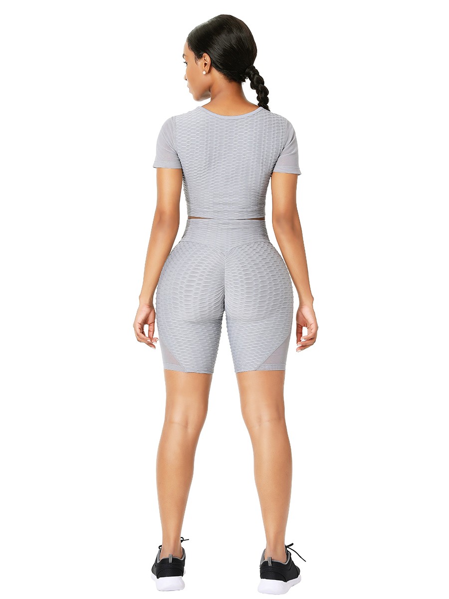 Gray Sports Suit Short Sleeve High Rise All Over Smooth