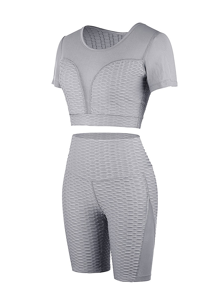 Gray Sports Suit Short Sleeve High Rise All Over Smooth