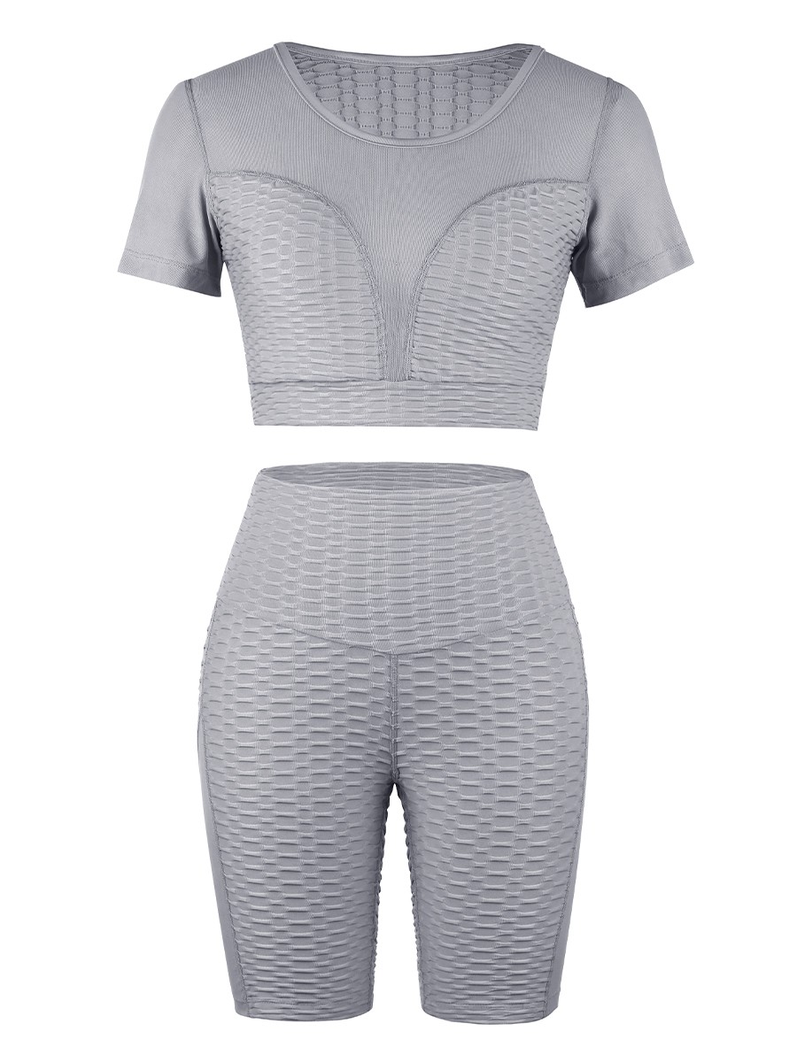 Gray Sports Suit Short Sleeve High Rise All Over Smooth