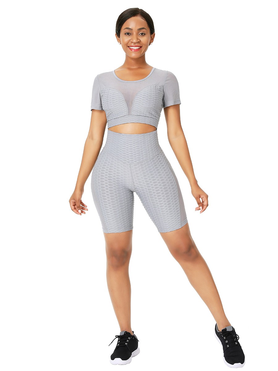Gray Sports Suit Short Sleeve High Rise All Over Smooth