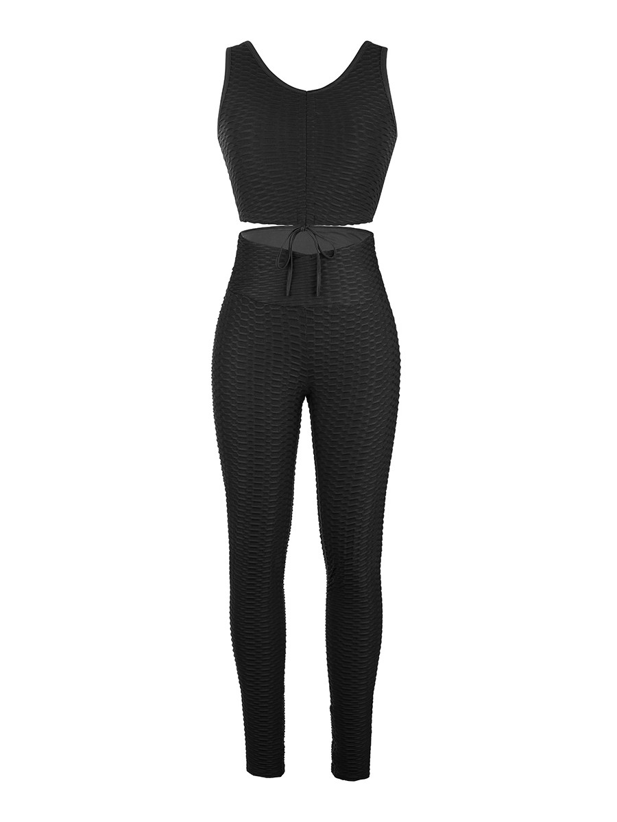Black Sleeveless Drawstring Jacquard Yoga Suit Leisure Time