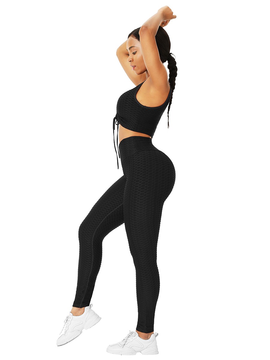 Black Sleeveless Drawstring Jacquard Yoga Suit Leisure Time