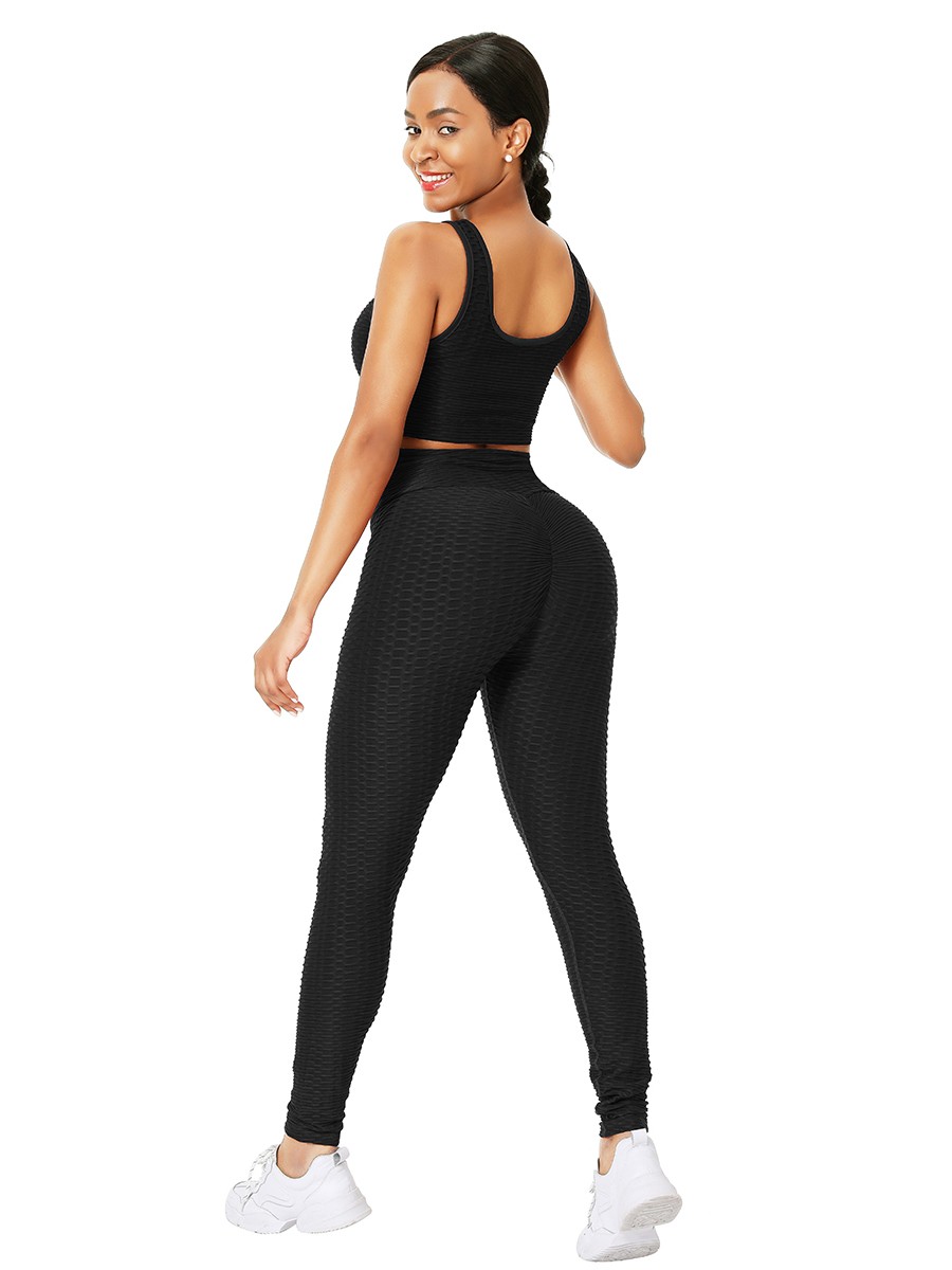 Black Sleeveless Drawstring Jacquard Yoga Suit Leisure Time