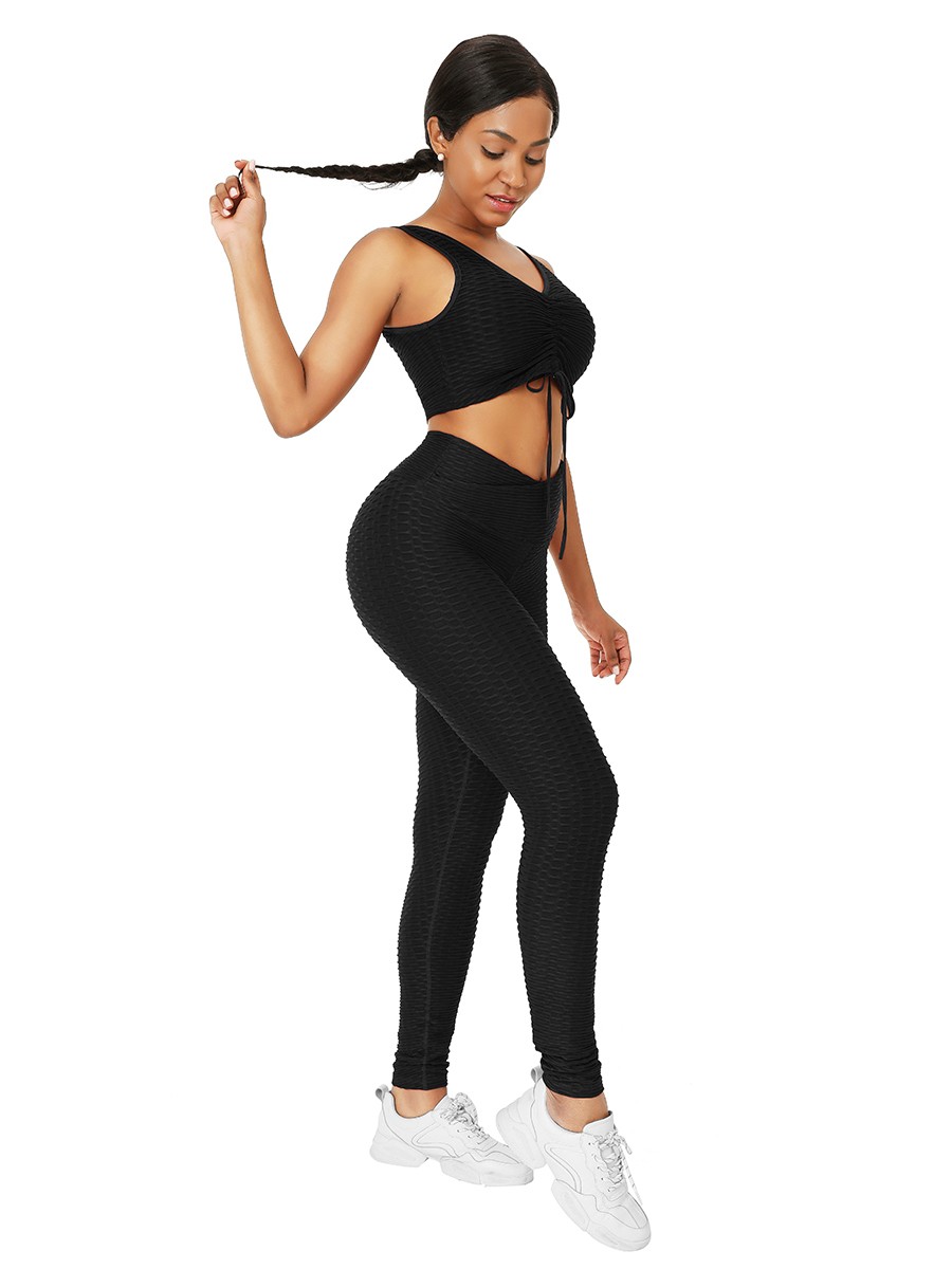 Black Sleeveless Drawstring Jacquard Yoga Suit Leisure Time