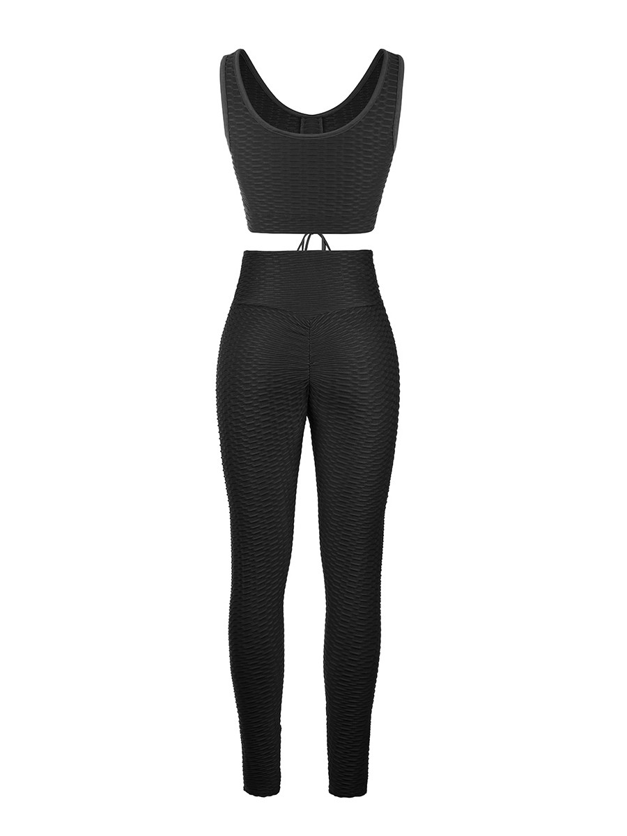 Black Sleeveless Drawstring Jacquard Yoga Suit Leisure Time
