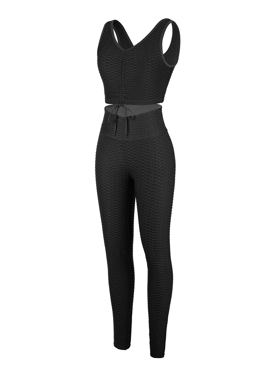Black Sleeveless Drawstring Jacquard Yoga Suit Leisure Time
