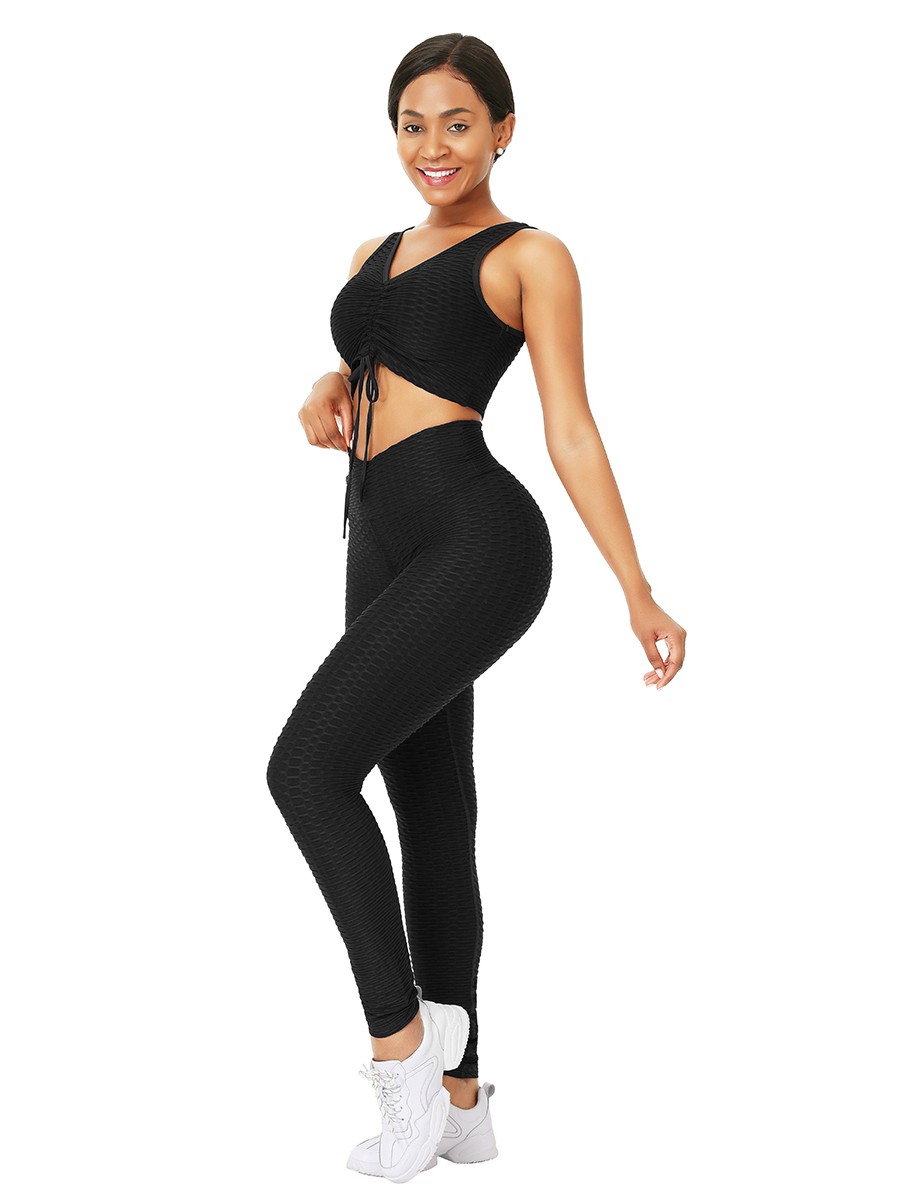 Black Sleeveless Drawstring Jacquard Yoga Suit Leisure Time