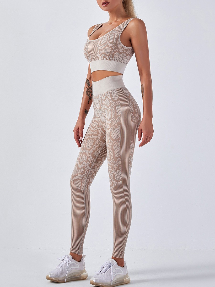 Khaki Seamless Snakeskin Yoga Suit High Waist Soft-Touch