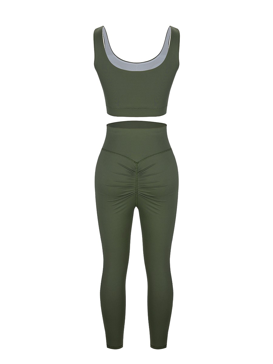 Army Green Hollow Out Full Length Pocket Athletic Suit For Exercising