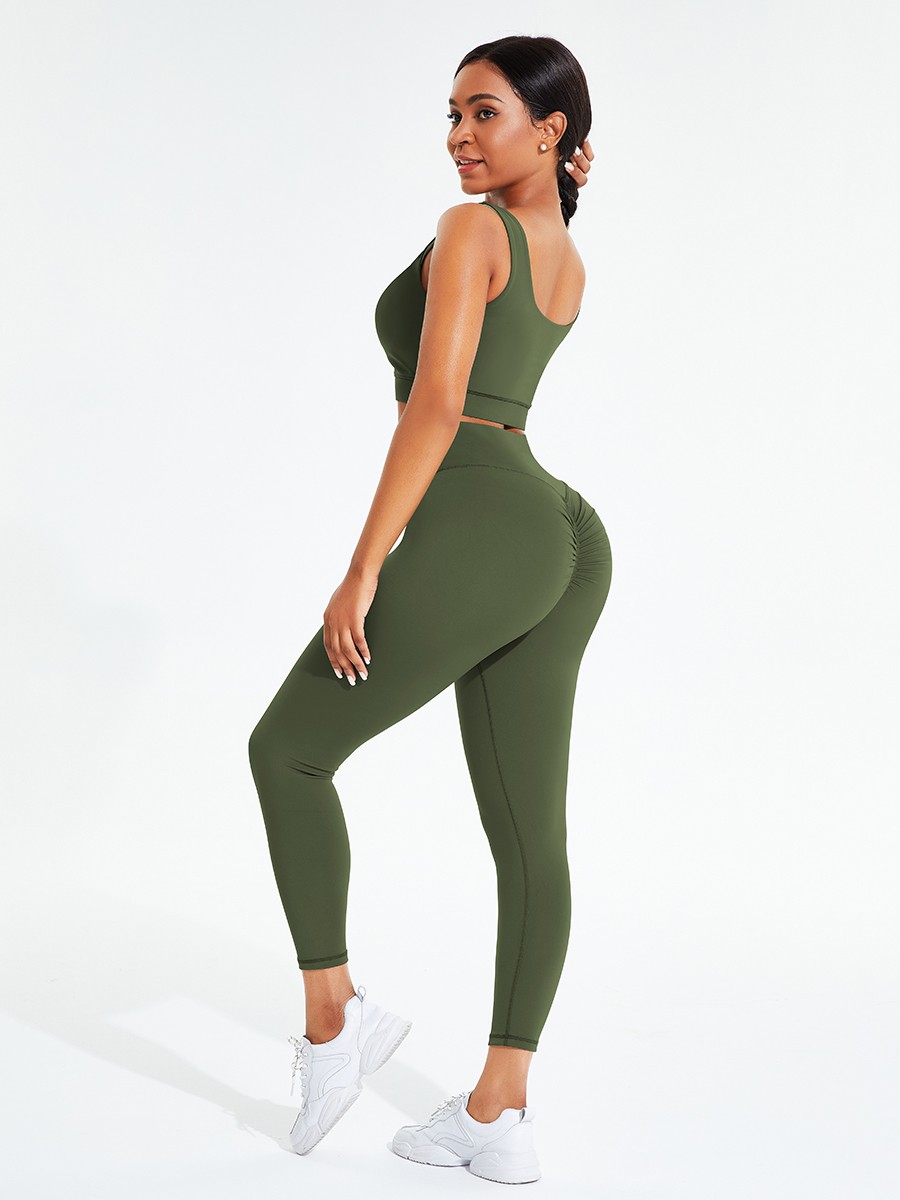 Army Green Hollow Out Full Length Pocket Athletic Suit For Exercising