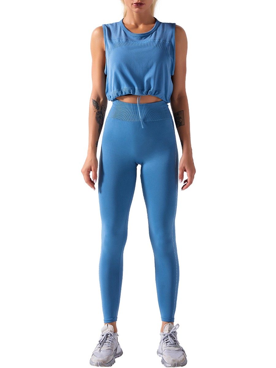 Sky Blue Running Suit Ruched Round Collar Seamless For Fitness